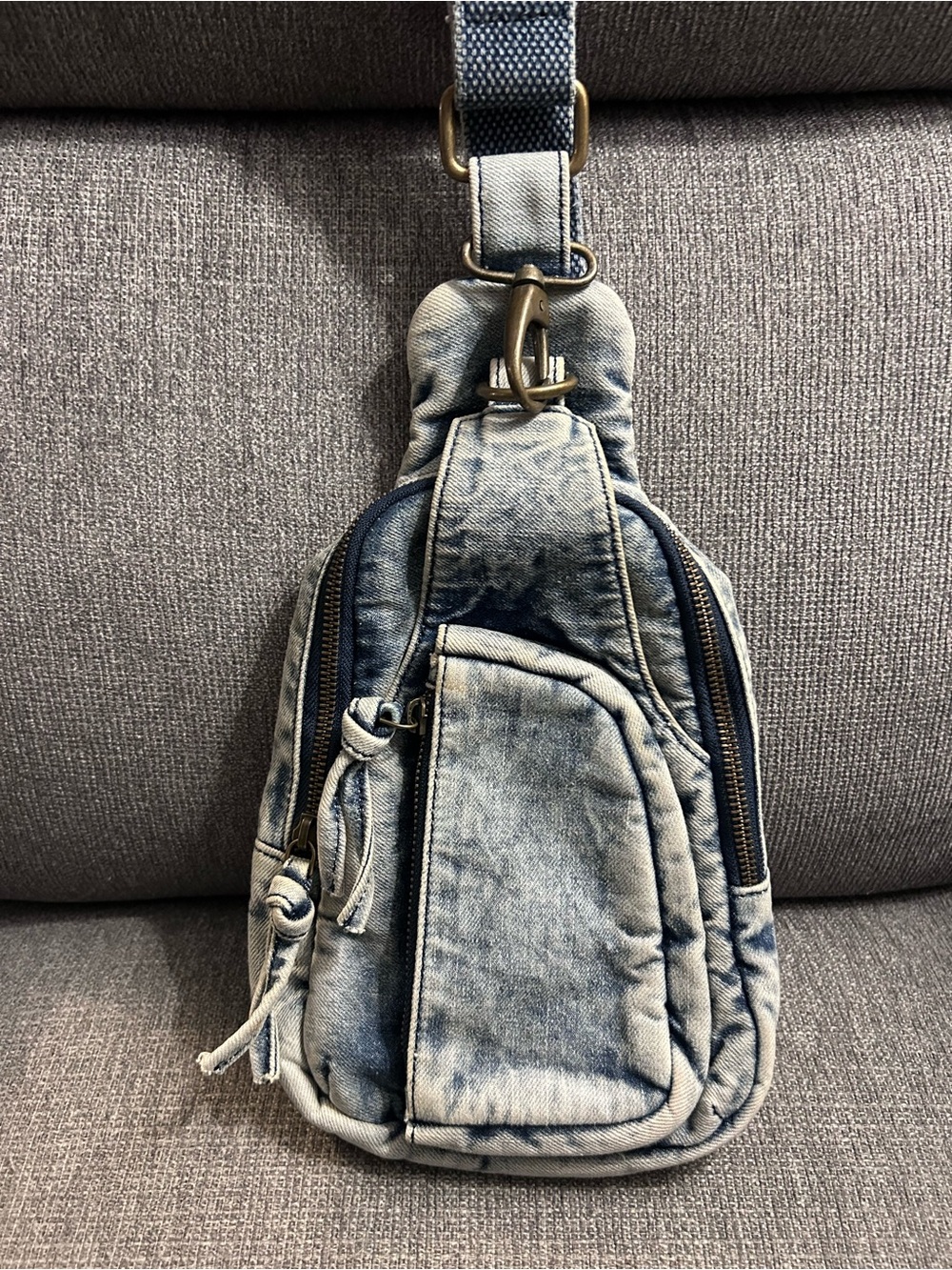 Free People Denim Sling Crossbody Bag in Light Blue brass hardware